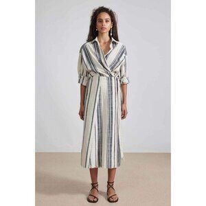 NWT APIECE APART Gabriella Tie Wrap Dress Organic Cotton Midi Cream Bold Stripe